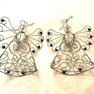 2 Wire Mesh Silver Glitter Angel Ornament or Free Standing Blue Beads 7" x 6"